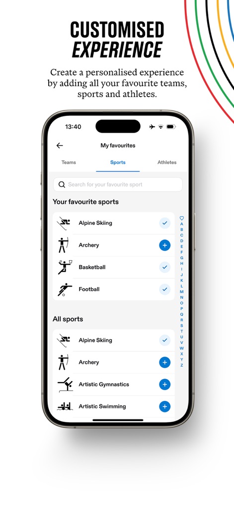 Olympics: Live Sports & News - Mit der App können Nutzer ihre Erfahrung durch die Auswahl individueller Sportarten wie Ski Alpin oder Basketball personalisieren, um eine maßgeschneiderte Favoritenliste zu erstellen.