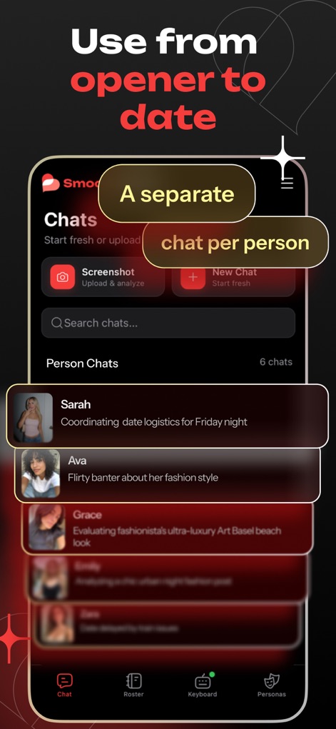 Smoothspeak: AI Dating Coach - La interfaz facilita la gestión de múltiples chats personales, donde los usuarios pueden iniciar nuevas conversaciones o subir capturas de pantalla para analizar, como se muestra en la lista de chats individuales.