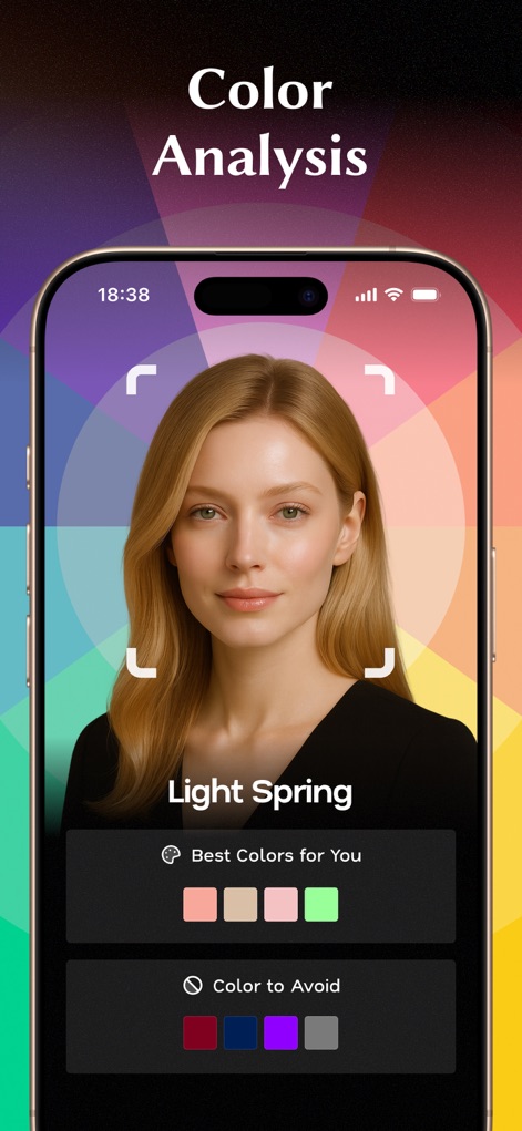 Glowify - AI Hairstyle Try On - The app offers personalized seasonal color identification, like 'Light Spring', and suggests tailored color recommendations including best colors and those to avoid.