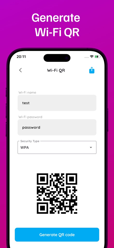 Wifi Password & Speed check - Users can effortlessly generate a QR code for their Wi-Fi network, simplifying sharing by displaying the network name and password in the generated code.