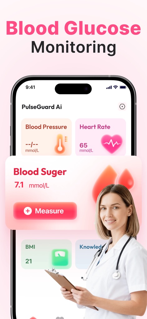 PulseGuard Ai - This app presents a clear health dashboard, prominently featuring current blood glucose levels and direct access to various vital health metrics like Blood Pressure and Heart Rate.