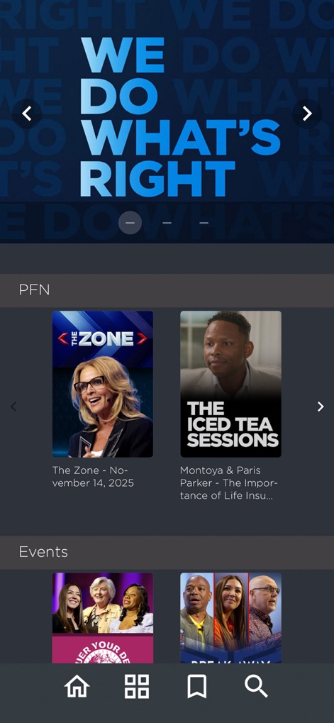 Primerica Online - Users can stay informed and engaged through dynamic content sections like 'PFN' videos and upcoming 'Events' listings, ensuring continuous professional development.