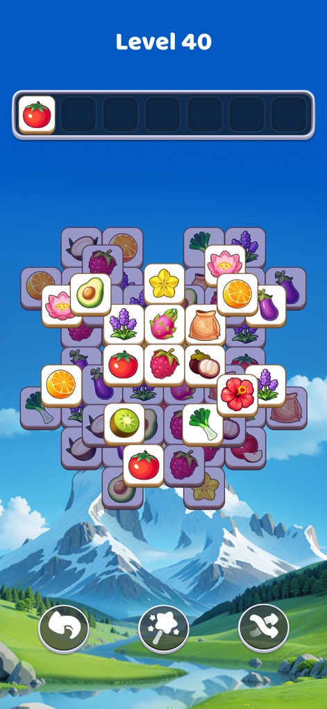 Tile Explorer: Tiles Clear! - Users encounter artistic and diverse level designs, such as this heart-shaped layout, featuring a wide variety of fruit and vegetable tiles for matching fun.
