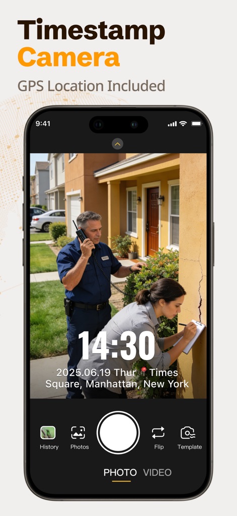 Timestamp Camera Time & GPS - Diese Ansicht zeigt die intuitive Kameraoberfläche mit einem deutlich sichtbaren Zeit- und Datumsstempel sowie der genauen GPS-Ortsangabe direkt im Bild.
