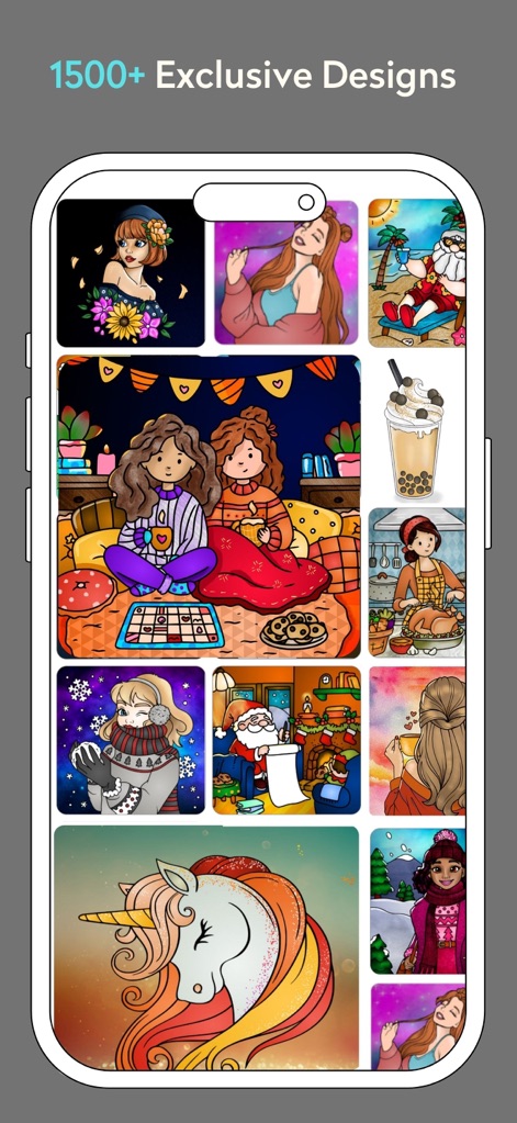 Adult Coloring Book: Chroma - 이 앱은 사용자가 선택할 수 있는 1500개 이상의 독점 디자인을 제공하며, 동물 이미지와 판타지 인물 그림을 포함한 다채로운 완성된 그림들을 미리 보여줍니다.