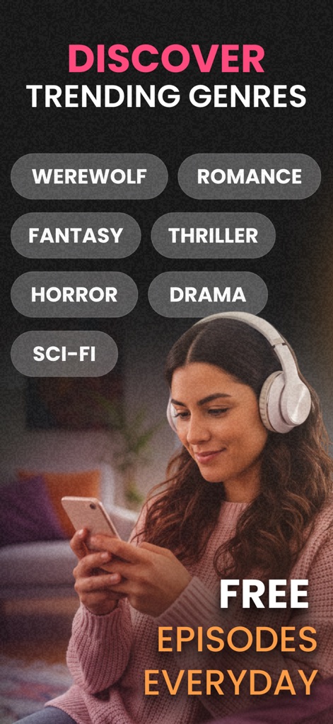 Pocket FM: Audio Series - Users can effortlessly discover content across a wide range of genres through clearly labeled category bubbles and enjoy the benefit of "Free Episodes Everyday" to explore new stories.