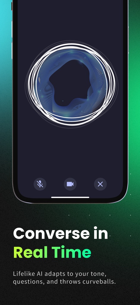 CharmXP: AI Charisma Coach - この機能では、ユーザーはリアルタイム会話インターフェース（X）を利用してAIコーチと対話し、音声波形ビジュアライゼーション（Y）が対話の流れを視覚的に示しながら、AIがユーザーのトーンや質問に適応します。