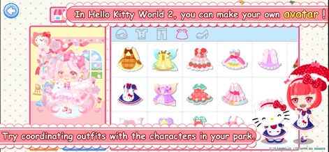 Hello Kitty World 2 - Users can personalize their in-game avatar through an extensive wardrobe, allowing coordination of outfits with other Sanrio characters in the park.