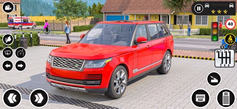 Real Car Driving School Games - La aplicación permite a los usuarios elegir entre vehículos estéticamente atractivos como un SUV rojo vibrante, aparcado en un entorno residencial detallado con casas y personas para una inmersión completa.