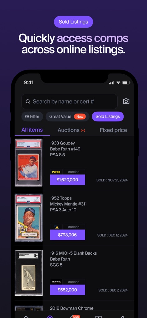 Alt: Buy & Sell Cards - Gli utenti possono accedere rapidamente ai dati di vendita completi tramite il filtro "Sold Listings", rivelando i prezzi finali di transazioni storiche per carte rare e di alto valore.
