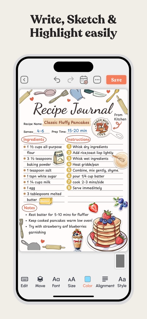 Daily Planner & To Do List - Questo screenshot illustra la facilità con cui si può scrivere e disegnare a mano libera, oltre all'utilizzo di strumenti per evidenziare contenuti importanti, ideale per ricette o appunti creativi.