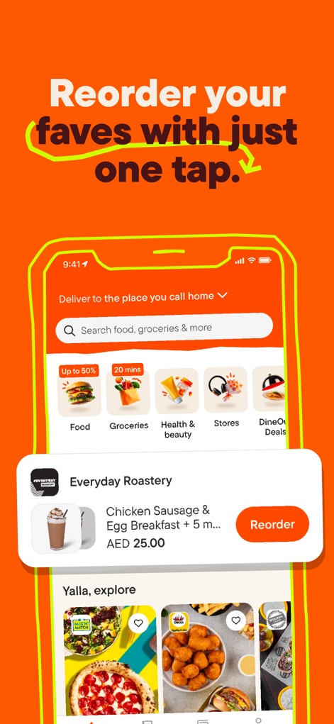 talabat: Food, grocery & more - L'écran met en évidence la fonction de réapprovisionnement, permettant aux utilisateurs de commander de nouveau leurs plats favoris grâce au bouton 'Reorder' situé près des commandes précédentes.