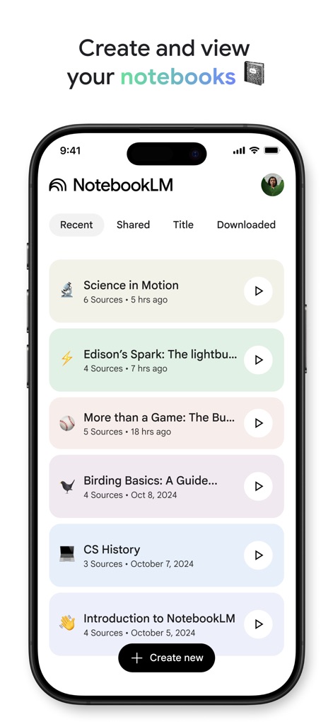 Google NotebookLM - 사용자는 개인 노트북 목록을 효율적으로 생성하고 관리할 수 있으며, 각 노트북은 제목과 소스 개수로 명확하게 표시되고, 하단에는 'Create new' 버튼이 편리하게 제공됩니다.