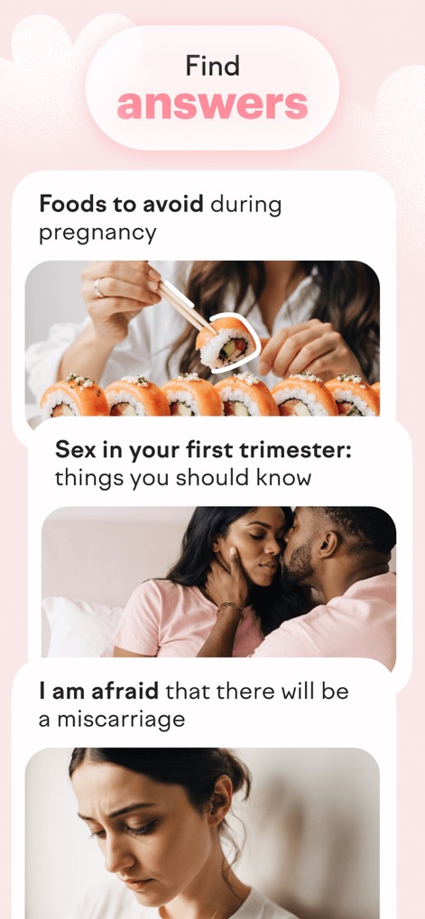 amma: Pregnancy & Baby Tracker - This section allows users to find answers to critical pregnancy questions, addressing topics like "Foods to avoid during pregnancy" and sensitive concerns such as "I am afraid that there will be a miscarriage."