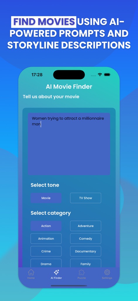 Crackle : Movies and Tv Shows - Explore the AI Movie Finder, where users input storyline descriptions and refine searches with tone and category selections for tailored suggestions.