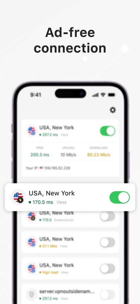 V2Ray Client+ - La aplicación presenta un listado de ubicaciones de servidores, como "USA, New York", junto con métricas de rendimiento como el "ping" y las velocidades de descarga, garantizando una experiencia "ad-free".