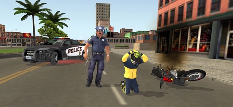 Moto Bike Wheelie Master - This image illustrates the consequence of capture during a police chase, depicting the arrested player alongside a detailed police officer model in a realistic urban setting.