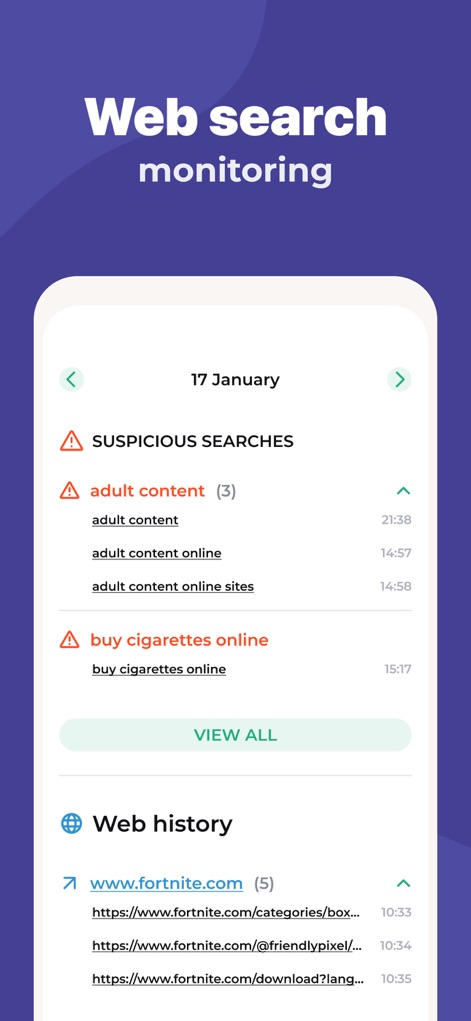 Parental Control App - Kidslox - Gain insight into children's online behavior through the app's comprehensive 'SUSPICIOUS SEARCHES' list and detailed 'Web history' log, ensuring safe browsing.