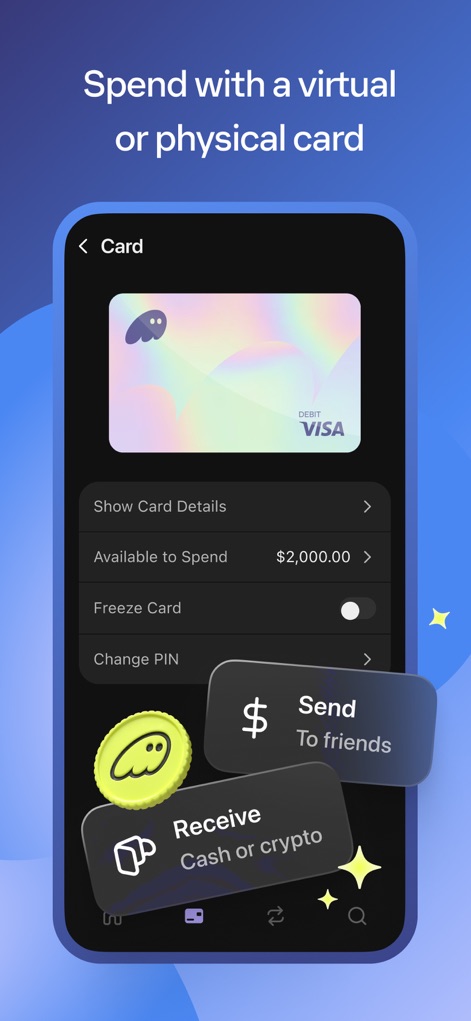 Phantom - Trade Markets - A funcionalidade de cartão é apresentada, permitindo que os usuários gerenciem seu cartão virtual e acessem opções como 'Freeze Card' e 'Change PIN'.