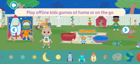 CoComelon: Learn ABCs and 123s - The app ensures uninterrupted entertainment with offline play, featuring a charming backyard play area and an imaginative rocket costume cutout.
