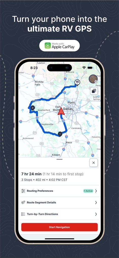 RV LIFE - RV GPS & Campgrounds - L'app trasforma il telefono in un GPS ottimizzato per RV, mostrando una rotta con fermate multiple e offrendo l'integrazione con "Apple CarPlay" per un'esperienza di navigazione fluida.