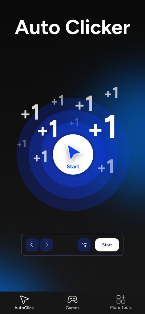 Auto Tapper Assistant App - See the prominent "Start" button and dynamic "+1" visual indicators confirming tap actions.