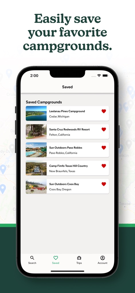 Campspot | RV Camping - The app allows users to easily curate their preferred locations in the "Saved Campgrounds" list, highlighted by the prominent heart icon for quick access.