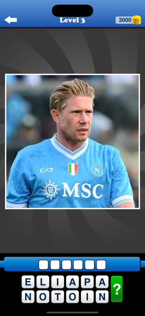 Whats the Team? Football Quiz - The tool highlights a player in their team's uniform and displays empty spaces for the answer, alongside a helpful hint button.