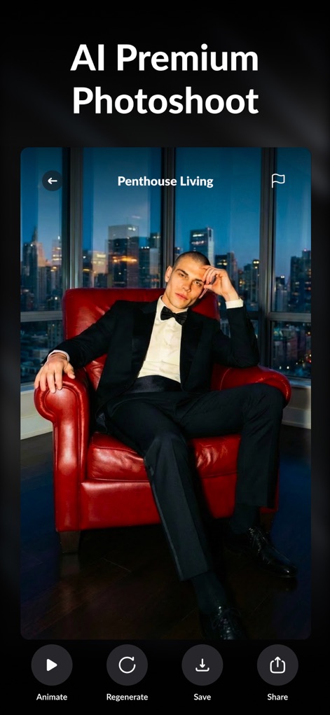 AI Photo Video Generator: AURA - Users can experience "AI Premium Photoshoots," such as the sophisticated "Penthouse Living" setting, with convenient options to "Animate" or "Regenerate" the output.