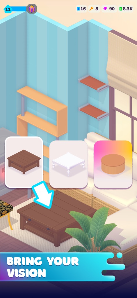 Life Dream: Build Cozy Home - Esta cena mostra a funcionalidade de escolha de mobília, onde os usuários podem selecionar entre diversas mesas de centro e integrar uma grande planta de interior.