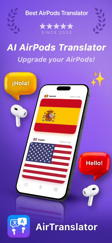 AirTranslator AirPod Translate - La pantalla principal exhibe una interfaz bilingüe con las banderas de España y Estados Unidos, complementada por los iconos de AirPods y burbujas de texto como "¡Hola!" y "Hello!".