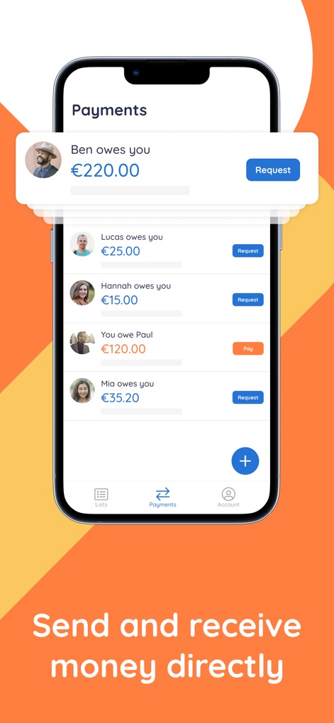Splitser - WieBetaaltWat - The Payments section provides a centralized hub to view outstanding requests and offers direct 'Request' and 'Pay' actions for streamlined financial interactions.