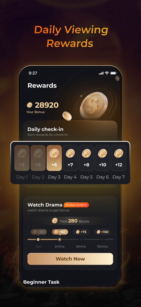 ShortMax - Watch Dramas & Show - This app motivates engagement through a clear 'Rewards' balance and daily check-in bonuses, encouraging users to interact and earn points for watching content.