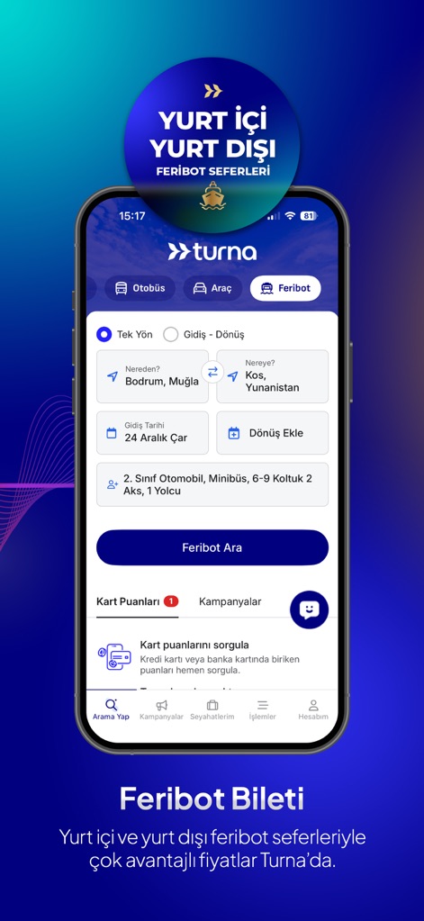 Turna - Uçak Otel Otobüs Araç - Plan your sea journeys using the straightforward ferry search form, featuring clear origin/destination inputs and date selection.