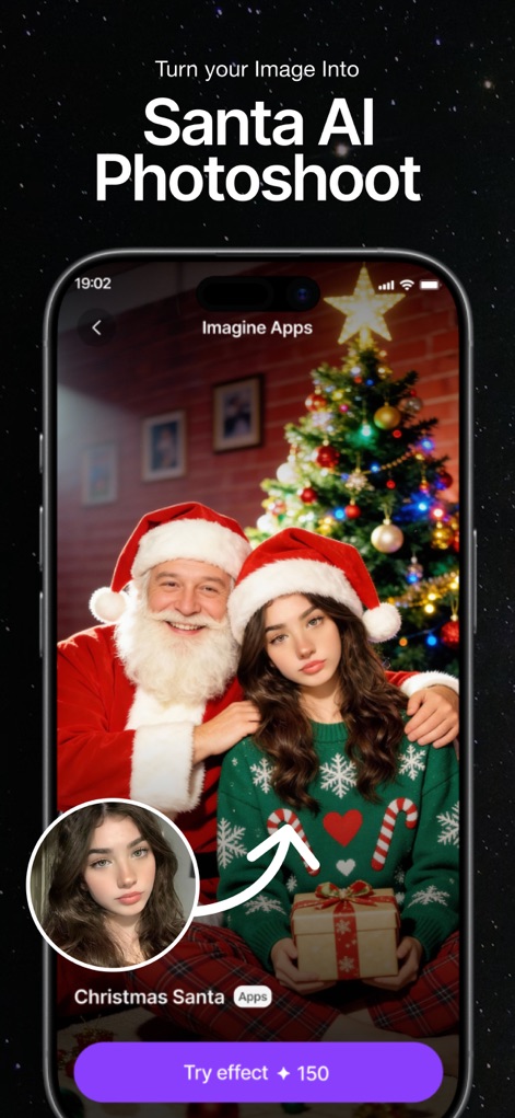ImagineArt: AI Video Generator - A captura de tela exibe a transformação de uma foto do usuário em uma cena festiva de Natal, apresentando um Papai Noel alegre e um indivíduo com chapéu natalino.