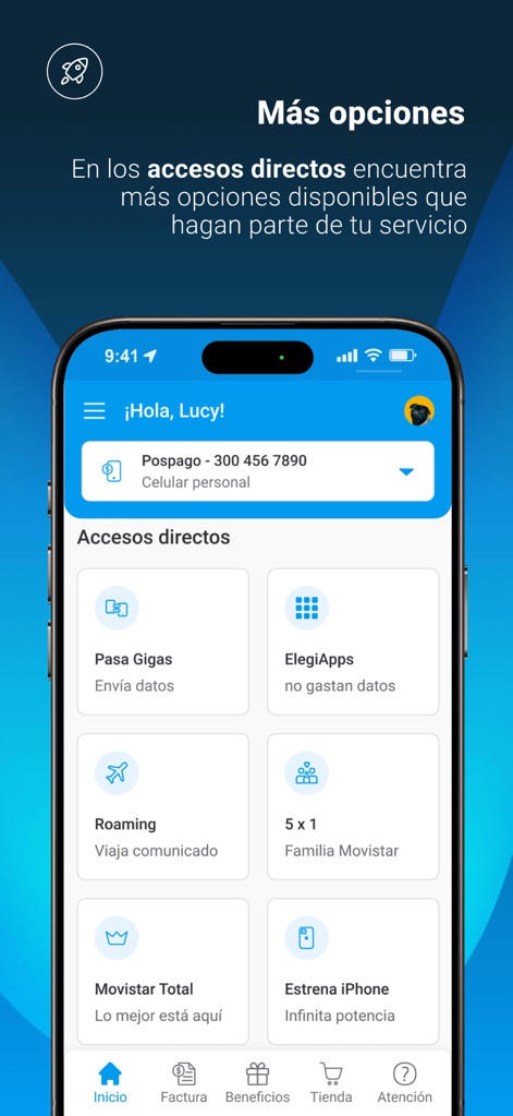 Mi Movistar Colombia - その他のオプション画面には、「Pasa Gigas」や「Roaming」といったサービスへのダイレクトアクセスショートカットがグリッド形式で配置され、幅広い機能に素早くたどり着けます。