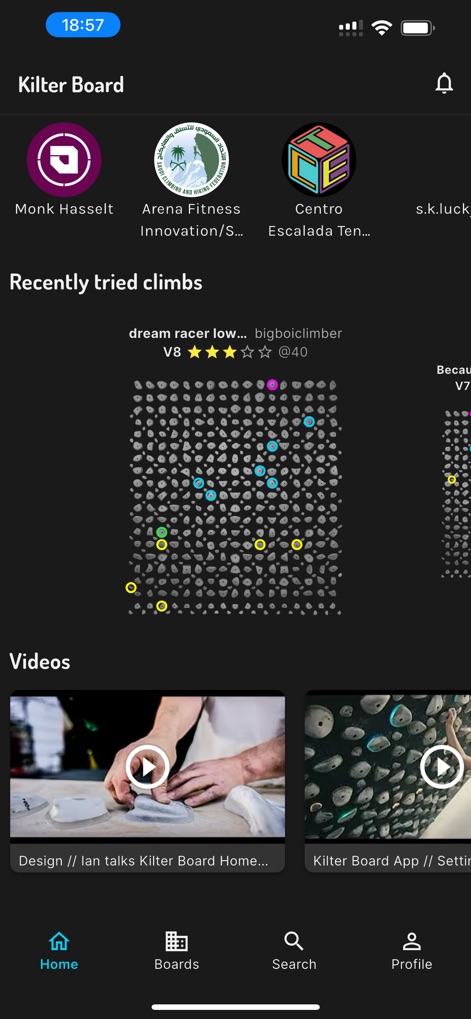 Kilter Board Climbing Wall App - See how the app presents "Recently tried climbs" with clear visual hold layouts and offers quick access to instructional "Videos" for training inspiration.