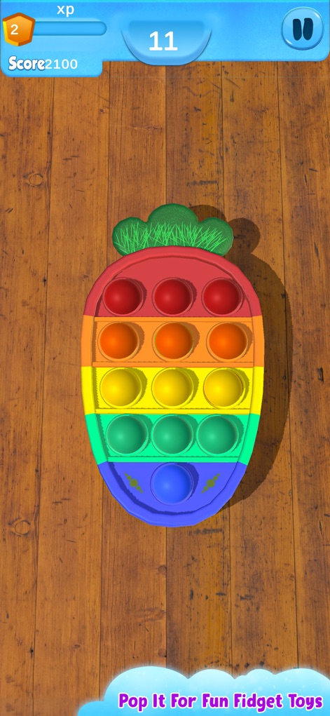 Fidget Toys 3D - Pop It Game - Engage with unique, brightly colored vegetable-themed pop-its, complete with an overhead display showing the score and current level.