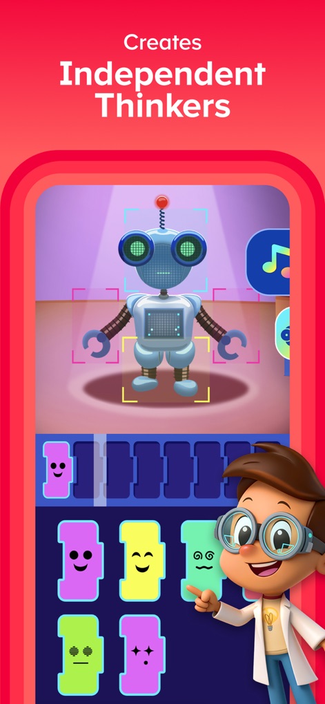 ABCmouse: Kids Learning Games - Learners engage in imaginative development within creative play zones, highlighted by a robot customization interface and a curious child character.