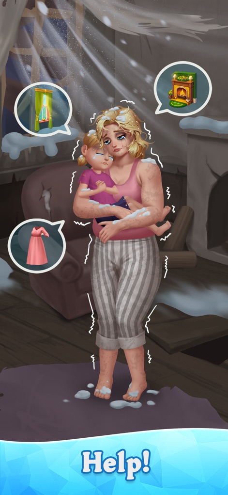 Beauty Tiles: Story & Makeover - La aplicación sumerge al jugador en la desesperada situación de Clara y Amy, destacando la desolación del entorno con la ventana rota y el mobiliario en ruinas.