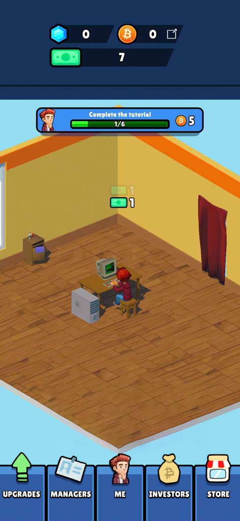 Bitcoin Empire - Witness the app's opening scene, featuring a simple bedroom setup and the clear tutorial progress bar, guiding users through their initial mining steps.