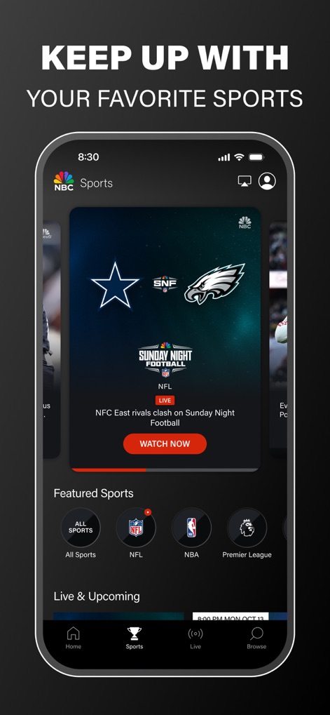 The NBC App – Stream TV Shows - Sports enthusiasts can stay updated with major events, viewing featured live games such as 'Sunday Night Football' and navigating through dedicated categories like 'NFL' and 'Premier League'.