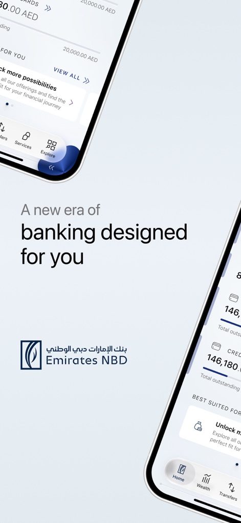 ENBD X - The app centralizes financial management, allowing users to view account summaries and navigate seamlessly through services via the intuitive bottom menu.