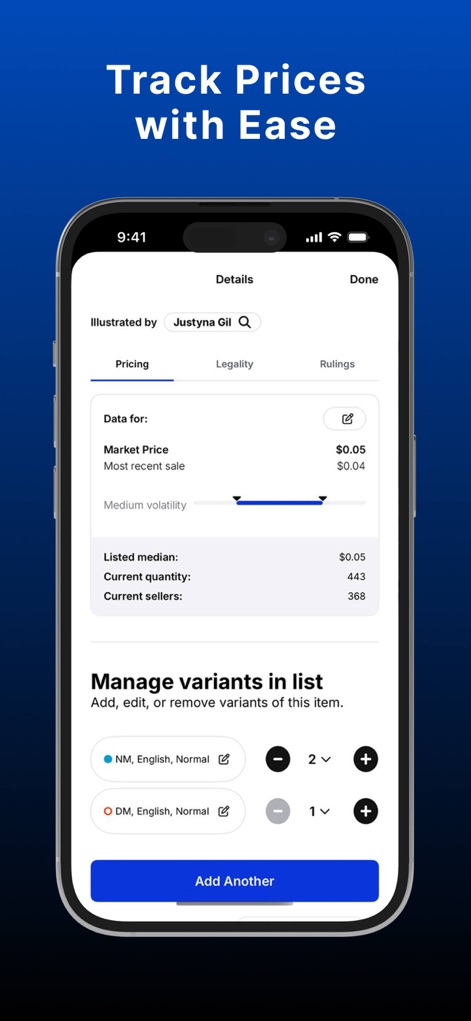 TCGplayer - A ferramenta oferece um acompanhamento detalhado de preços, apresentando o preço de mercado atual de uma carta e as opções para gerenciar suas variantes.