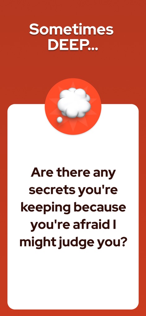 Debatium - Couple Game Convo - Este card de pergunta explora a profundidade emocional com a questão "Você guarda segredos por medo de julgamento?", ilustrada por um emoji de balão de pensamento.