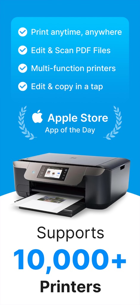 Printer: Smart Print App - L'application révolutionne l'impression mobile en offrant une compatibilité étendue avec plus de 10 000 imprimantes et en étant reconnue comme App du Jour par l'Apple Store.