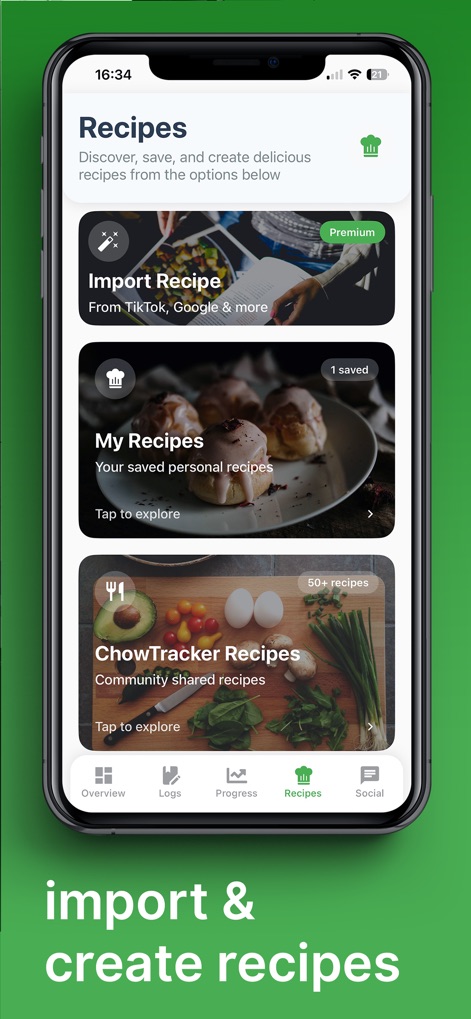 ChowTracker - La aplicación permite a los usuarios gestionar sus recetas, ofreciendo una función para 'Import Recipe' desde diversas fuentes y una sección de 'ChowTracker Recipes' con más de 50 opciones preestablecidas.