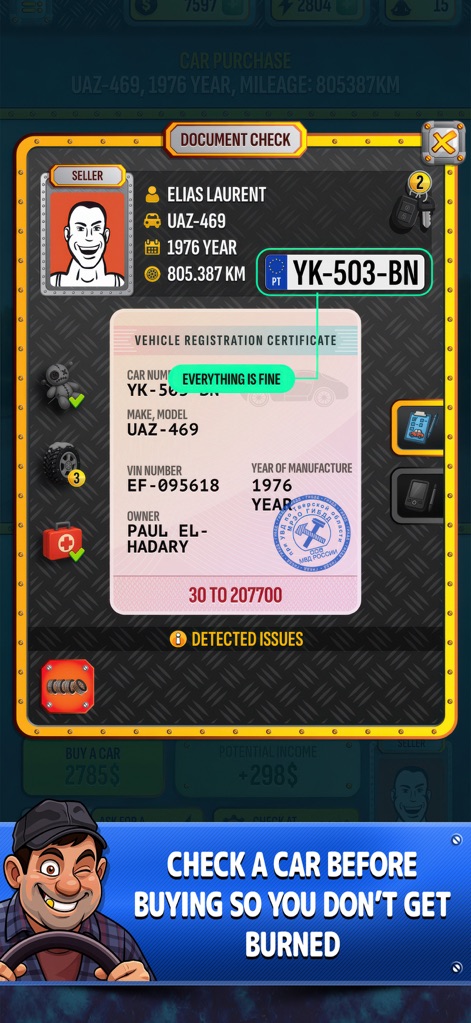 Cars Dealer Simulator - Questo screenshot evidenzia l'importanza del controllo documentale, mostrando dettagli cruciali come il "Certificato di Immatricolazione del Veicolo" e la sezione "Problemi Rilevati" per assicurare acquisti sicuri e informati.
