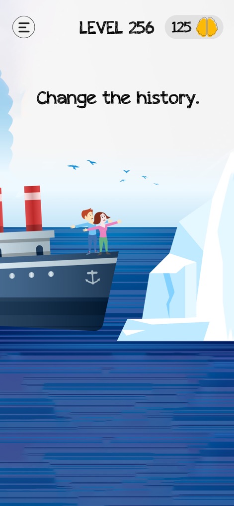 Braindom: Brain Games Test Out - Die App zeigt eine ikonische Szene mit einem Schiff und einem Liebespaar an Deck, das auf einen großen Eisberg zusteuert, und fordert dazu auf, die Geschichte zu verändern.