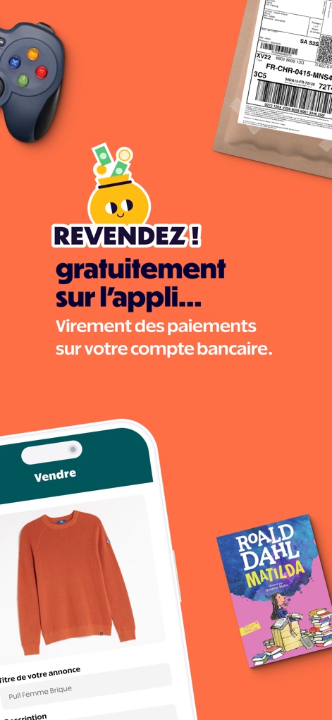 Beebs: Baby & Kids Second-hand - アプリを通じて商品を無料で販売できる機能を示し、収益が銀行口座に安全に振り込まれることを保証しています。画面には、セーターの商品登録画面と梱包済みの荷物が写っています。